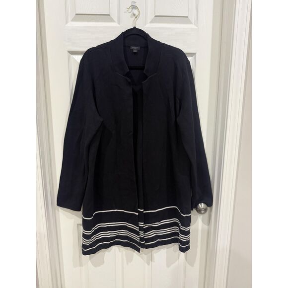 Ann Taylor Factory Sweater Womens XL Black Open Front Long Striped Hem Cardigan - Picture 2 of 11
